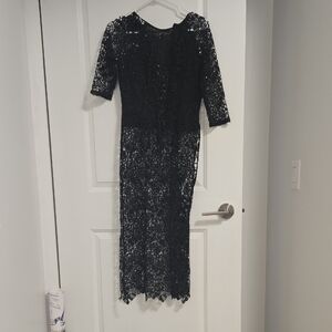 Elegant Black Lace Midi Dress - Classic Women's Evening Dress